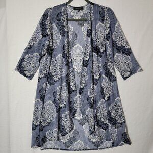 R&M Richards Open Front Duster Womens Sz 12  Sheer 3/4 Sleeves Navy White USA